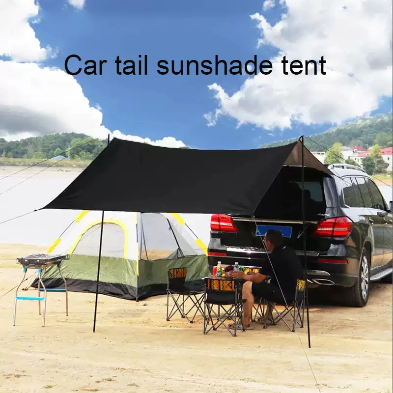 Outdoor Camping Van Tent - 車用UVカットサイドオーニング、コウモリ型コーティングタープ、屋外防水キャンプ用ブラックコーティングオートリアシェルターテント（SUV・バン用）