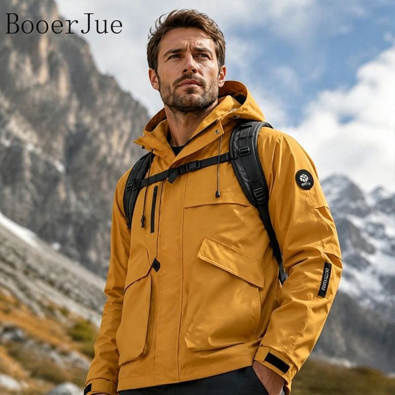 Outdoor Camping Jacket - メンズ防水ハイキングジャケット ソフトシェル フード付き ウィンドブレーカー 軽量 フルジップ