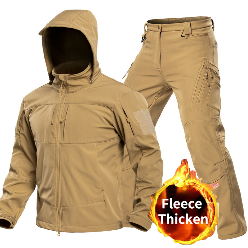 Outdoor Camping Jacket - 男性用アウトドアタクティカルソフトシェルスーツ フード付きフルジップジャケット カーゴパンツ 防風マルチポケットセット ハンティング・ハイキング・キャンプ用