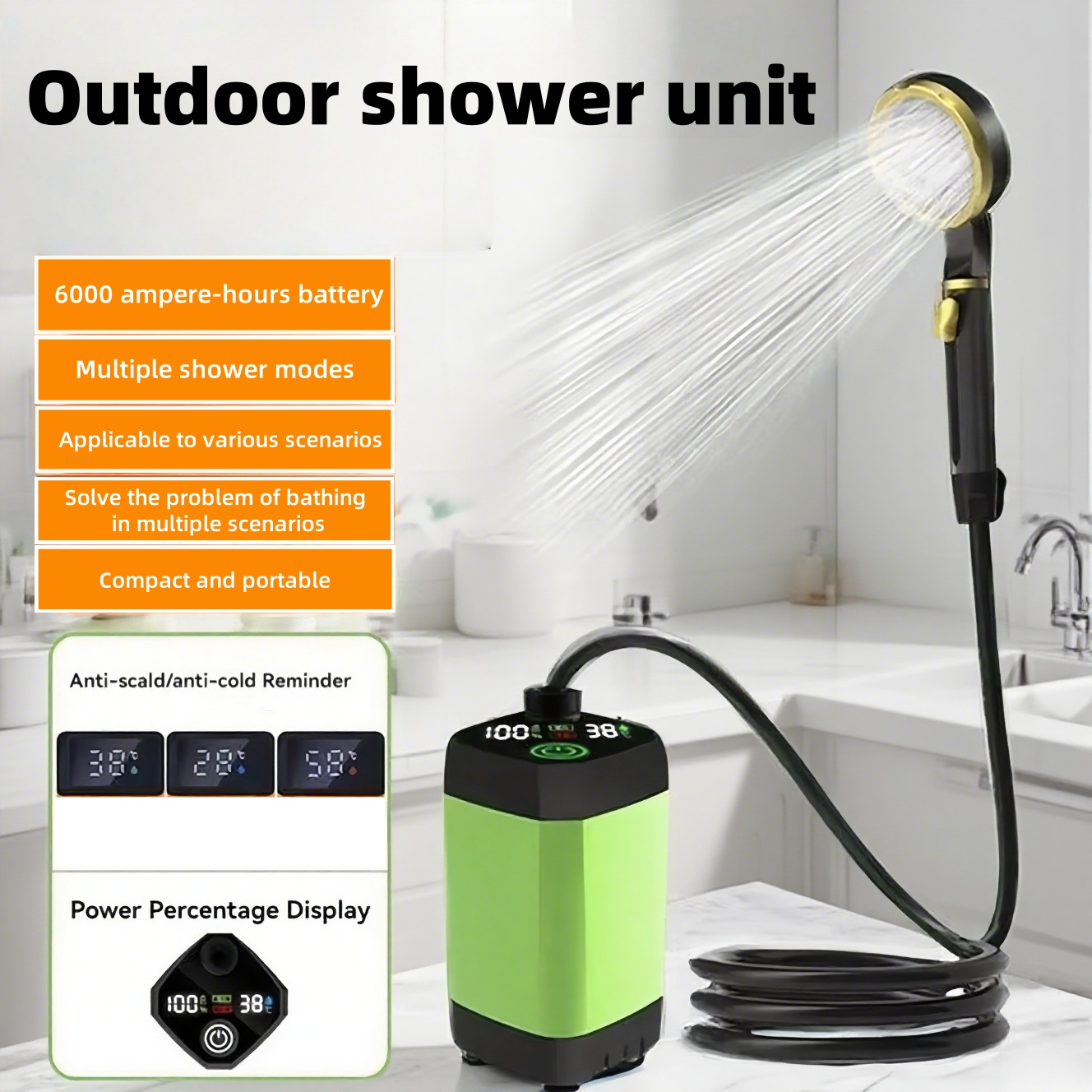 Outdoor Camping Gear - ポータブル屋外電気シャワーユニット、長時間バッテリー駆動、キャンプ、浴室、建設現場での使用に最適。