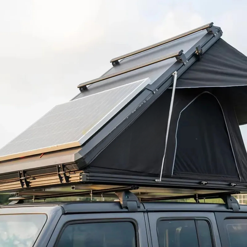 Outdoor Camping Gear - 高品質3-4人用三角形アルミハードシェルルーフトップテント（ソーラーパネル付き）アウトドアキャンプ用品