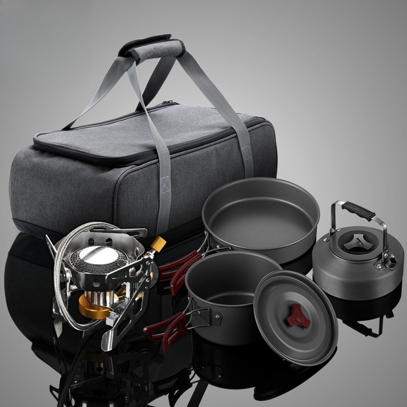 Outdoor Camping Kit - ポータブル分割式ガスストーブ調理器具セット 2～3人用 アウトドアキャンプピクニックストーブヘッドポットキット