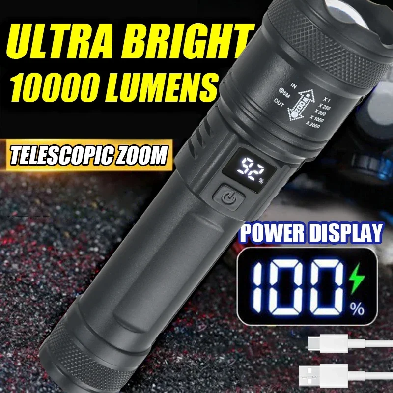 Outdoor Camping Adventure Lamp - バッテリーディスプレイ付きの強力なLED懐中電灯,USB充電式ライト,伸縮ズームトーチ,屋外キャンプ用ランプ,釣り用ランタン,9900lm