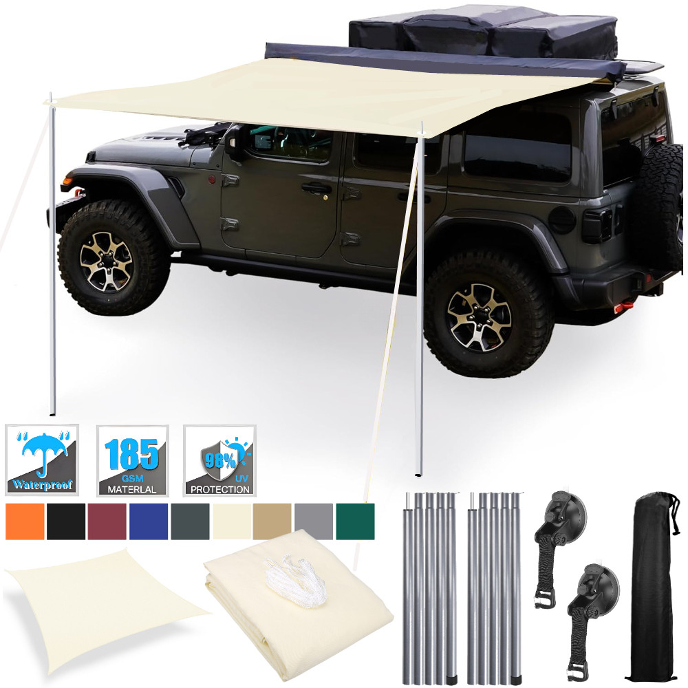 Waterproof Tarp Shelter - 2x3m格納式車両用オーニング、テントポール付き、ポータブル防水キャノピータープ、トラック、ジープ、SUV、バン、キャンプテント用カーシェルター