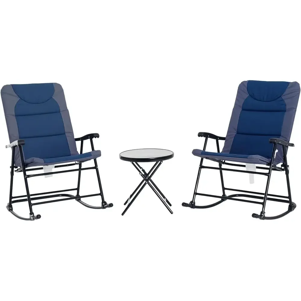 Outdoor Camping Rocking Chair - ネイビーブルーの3ピース屋外パティオ家具セット、ガラス製コーヒーテーブルと2つのパッド入りロッキングチェア付き、ビストロ、ポーチ、キャンプに最適