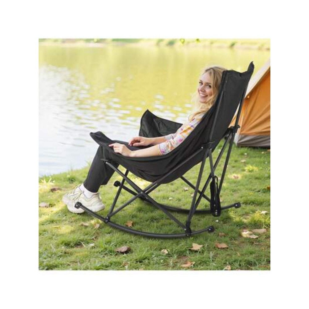 Outdoor Camping Rocking Chair - 普通の折りたたみ椅子はやめて、このポータブルなパッド入りロッキングキャンプチェアを選びましょう。カップホルダーポケット付きで225ポンドまで支えられます。