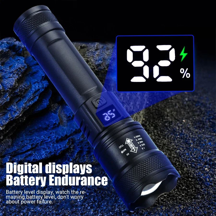 バッテリーディスプレイ付きの強力なLED懐中電灯,USB充電 - Outdoor Camping Adventure Lamp のレビューと価格