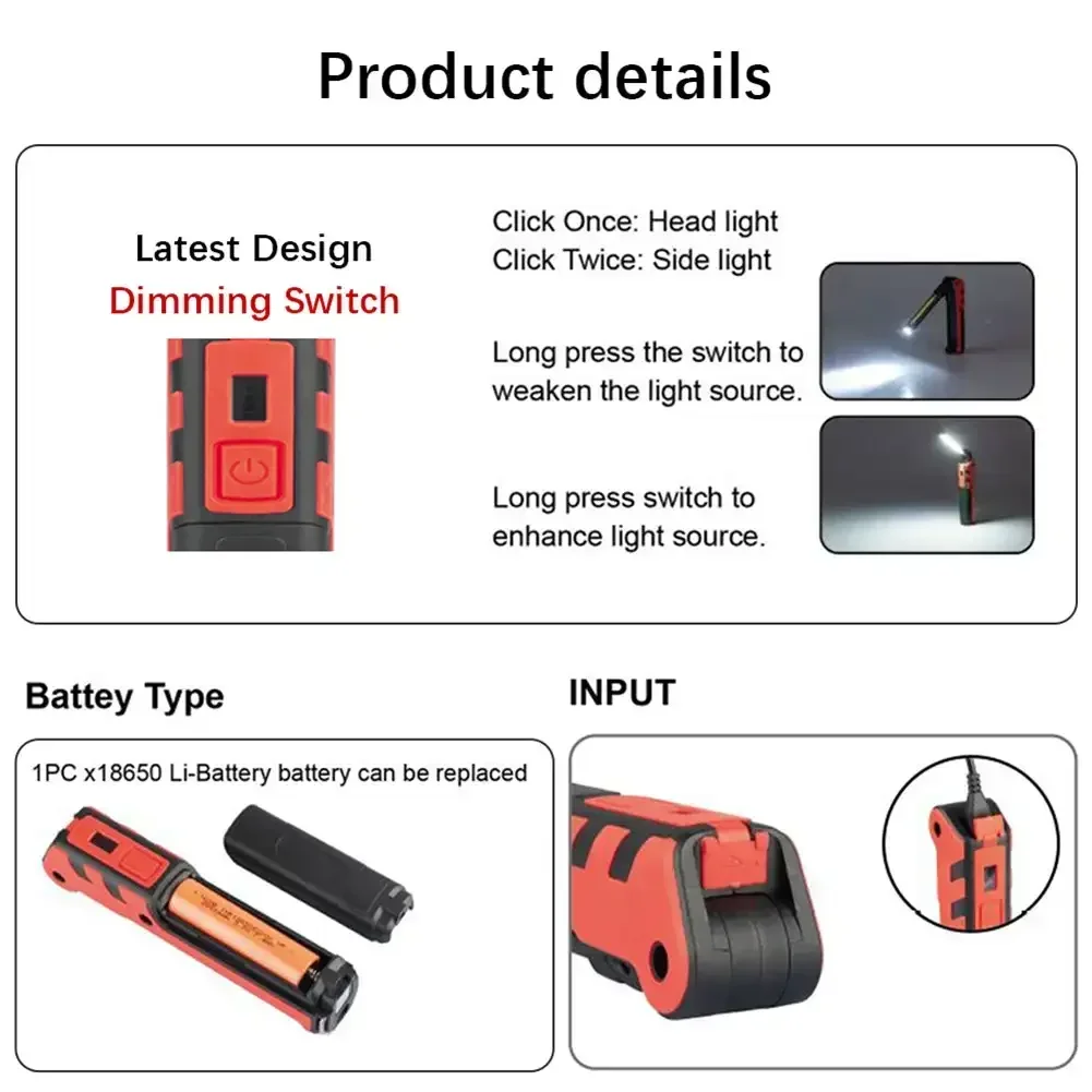 調光可能な COB LED ワークライト USB 充電式懐中 - Outdoor Camping Adventure Lamp のレビューと価格