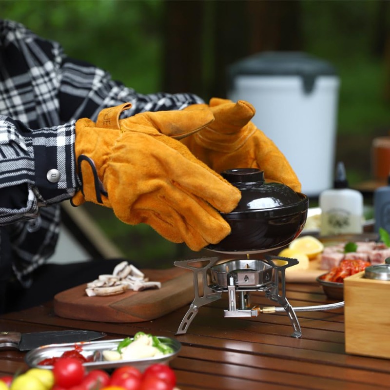 屋外BBQグリル用耐熱・難燃性グローブ 牛革製高温耐性溶接グ - Outdoor Camping Gear のレビューと価格