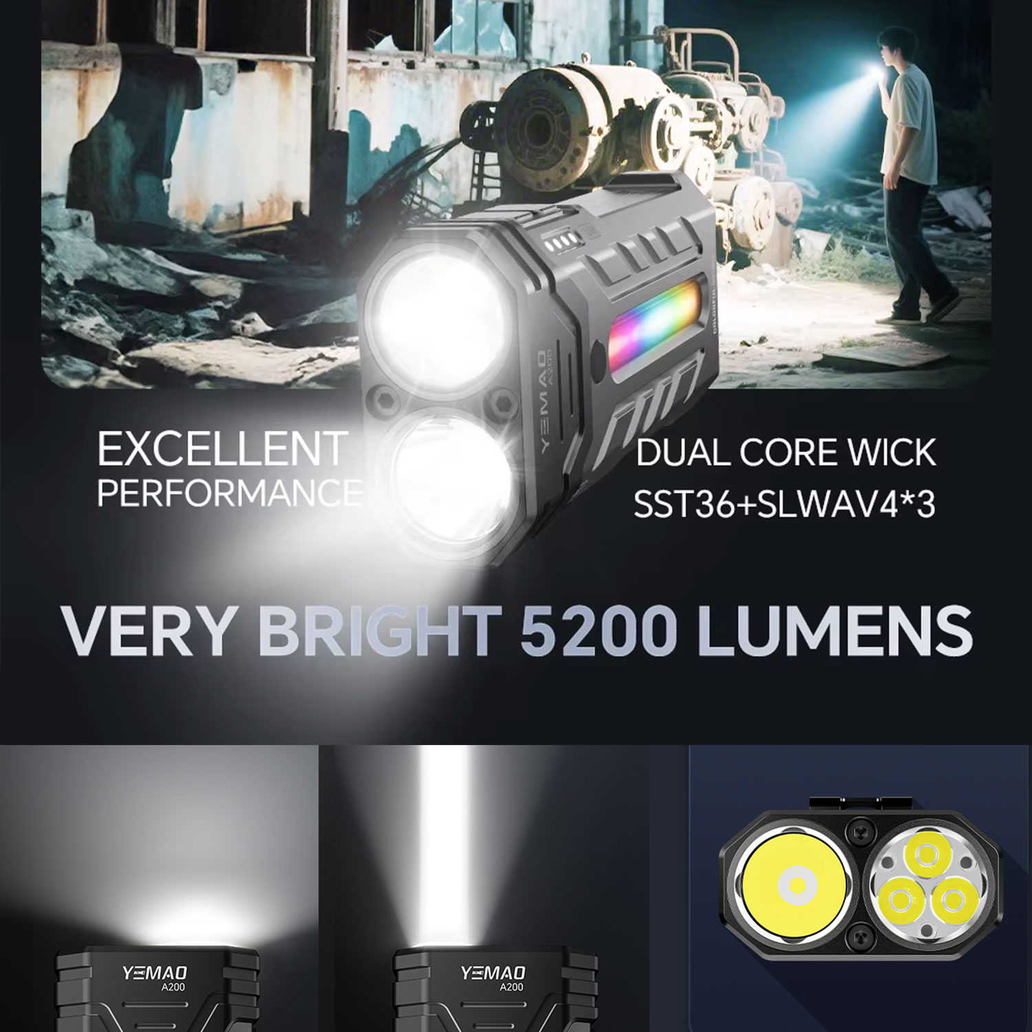 5200LM革新的な多機能ポータブルRGB LED懐中電灯、 - Outdoor Camping Adventure Lamp のレビューと価格